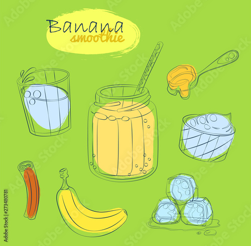 Smoothie recipe illustration with banana, milk, honey, yogurt, cinnamon. Milkshake ingredients cartoon vector icons Hand drawn linear illustration on green background