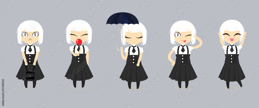 Fashion cute girl cartoon character design. Set of white hair women wear black dress and white shirt with 5 poses, flat style. Fashion cute girl cartoon character design. Set of white hair women wear black dress and white shirt with 5 poses, flat style.