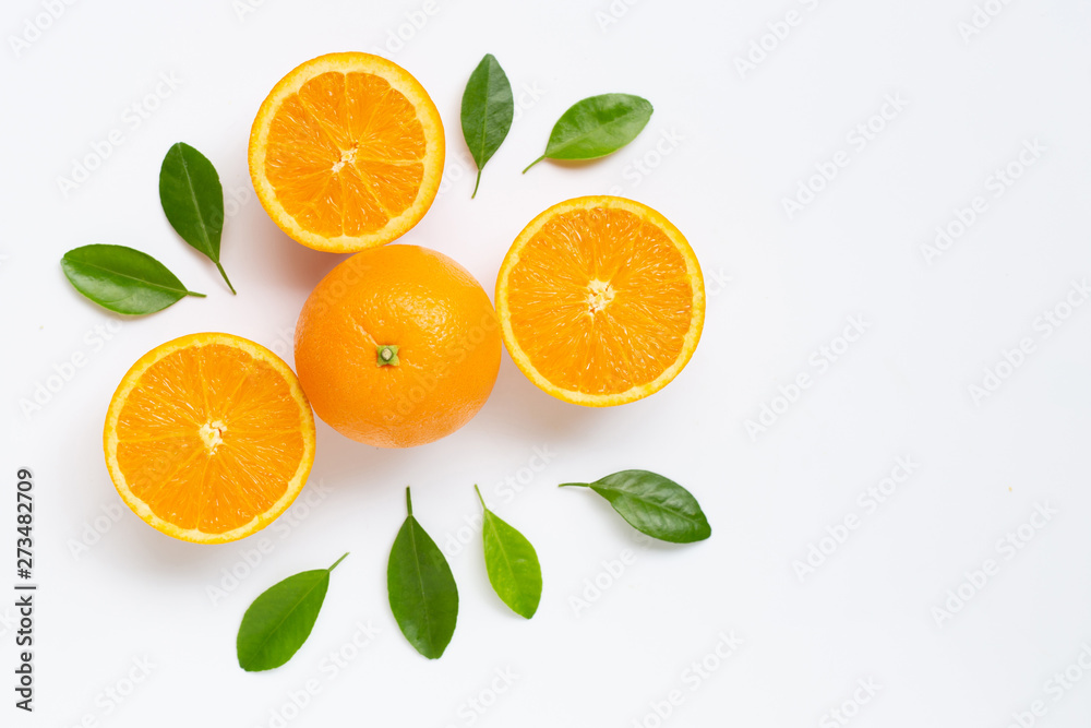 Fresh orange citrus fruit with leaves isolated on white background. Fresh orange citrus fruit with leaves isolated on white background.