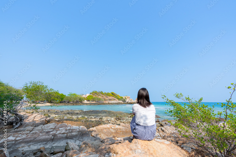 Young girl on Beautiful Tropical Beach PP Island, Krabi, Phuket, Thailand blue ocean background Woman items vacation accessories for holiday or long weekend a guide  choice idea for planning travel