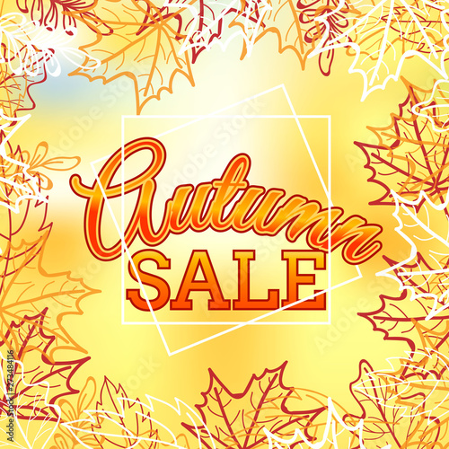 AUTUMN sale background with leaves maple hand drawn