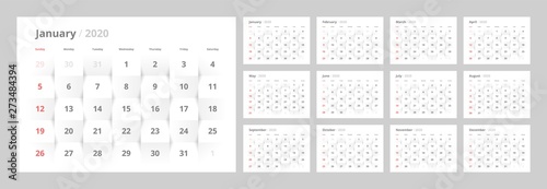 Calendar for 2020 year in clean minimal table simple style. Week Starts on Sunday. Set of 12 Months.