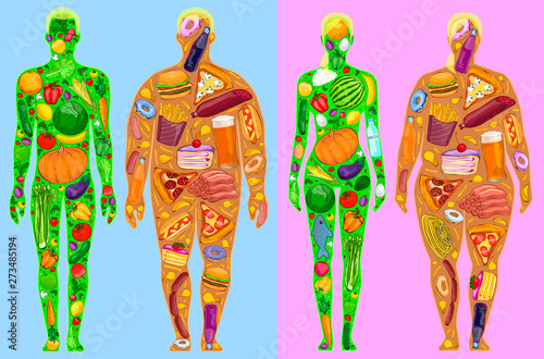 Food in man, man and woman, watercolor, vector illustration