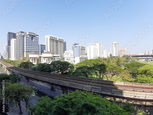  View of Pathumwan downtown and sky train track the main transportation in Bangkok