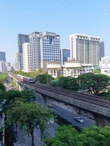 View of Pathumwan downtown and BTS sky train mass  transit system in Bangkok © Itsanan