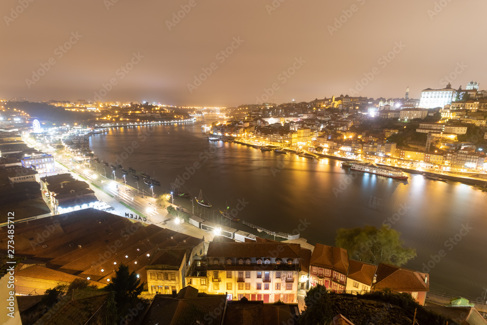 Incredible night views of Porto, Portugal during cold autumn evening 2018