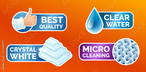 Washing clothes stickers set, stickers - micro cleaning, clear water, best quality, crystal white. Clean laundry, fibers, water drop and thumbs up icons isolated, vector illustration.