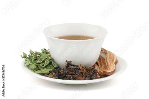 Cup of hot tea , tea leaf and Ling Zhi Mushroom in dish isolated on white background