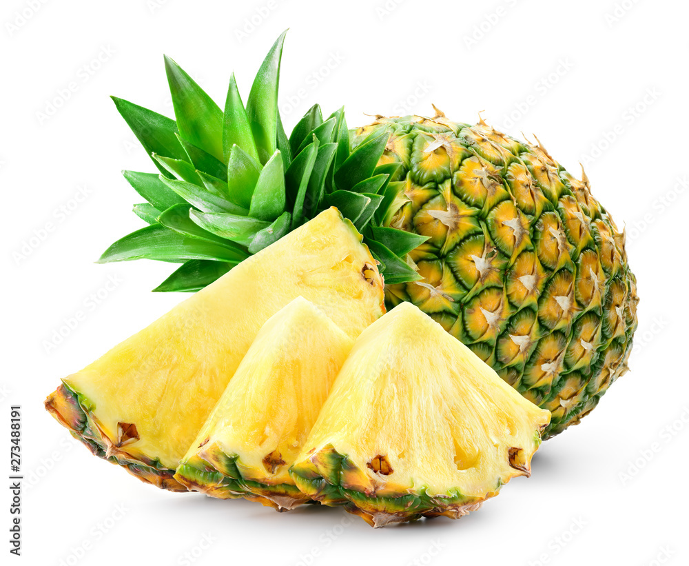 Whole pineapple and pineapple slice. Pineapple with leaves isolate on white. Full depth of field.. - obrazy, fototapety, plakaty 