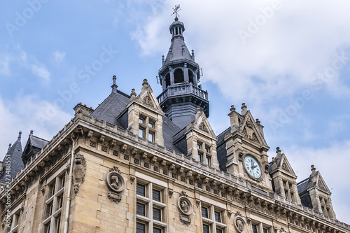 Architectural fragments of Vincennes Hotel de ville (1887 - 1891) or Town hall of Vincennes. Vincennes - a commune in the Val-de-Marne department in the eastern suburbs of Paris, France.