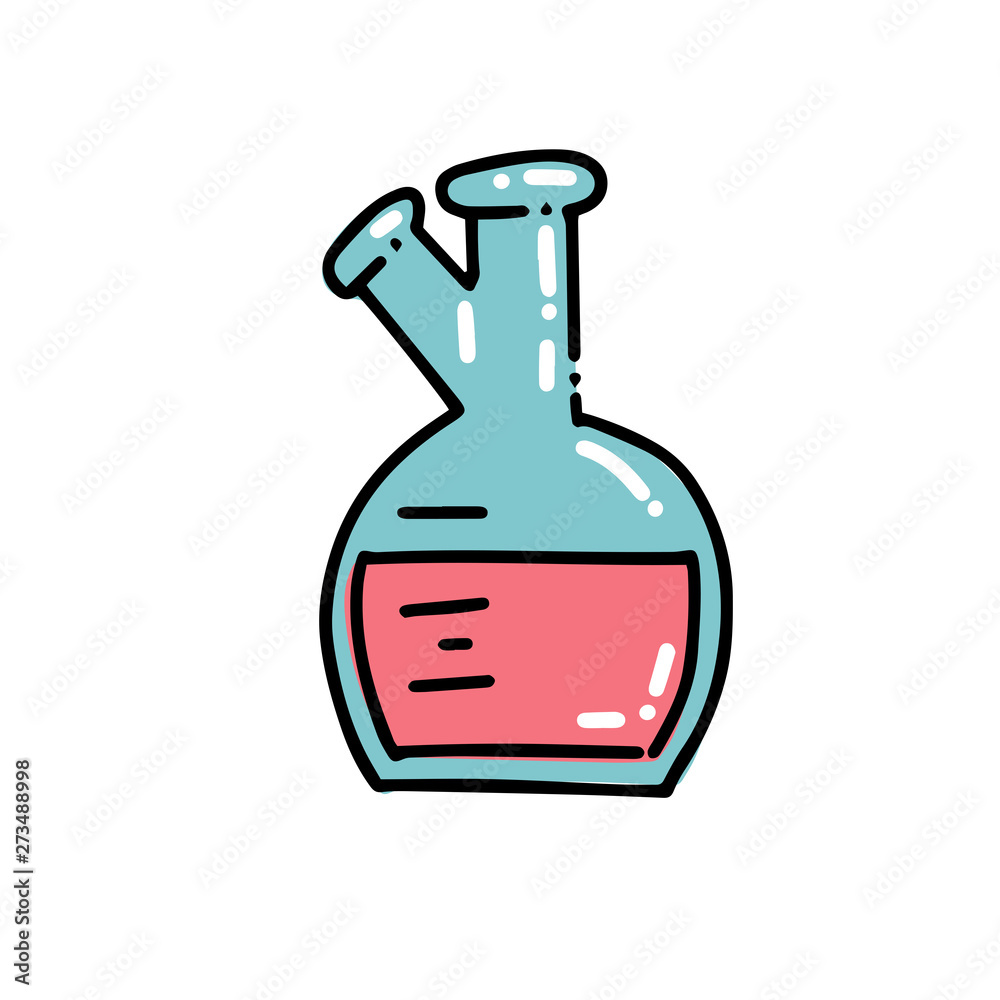 Double neck boiling volumetric glass flask color icon outline vector sign, linear style pictogram isolated on white. Chemical equipment in outlined childish doodle style. Kid chemistry and science. Double neck boiling volumetric glass flask color icon outline vector sign, linear style pictogram isolated on white. Chemical equipment in outlined childish doodle style. Kid chemistry and science.