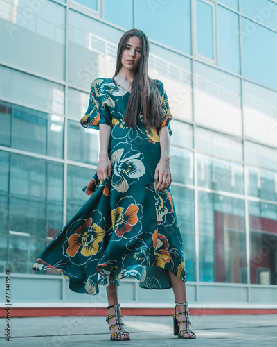 Beautiful girl model posing against the background of the glass building in a wonderful dress.