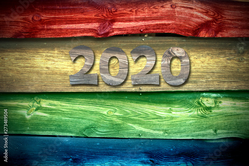 New year 2020 number on rainbow colored wooden boards