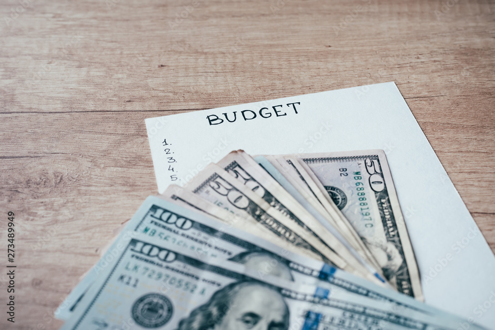 Notepad with word budget and dollar bills. Planning budget concept Notepad with word budget and dollar bills. Planning budget concept