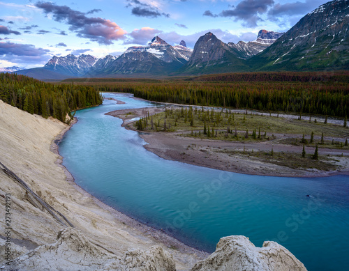 Breathtaking panorama view of the Mount Fryatt by the Athabasca River on the Icefields Parkway, Jasper National Park photo