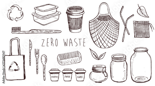 Zero Waste hand drawn illustration.  Vector icons set. 