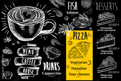 Coffee house. Restaurant cafe menu. Design template with hand drawn illustration.