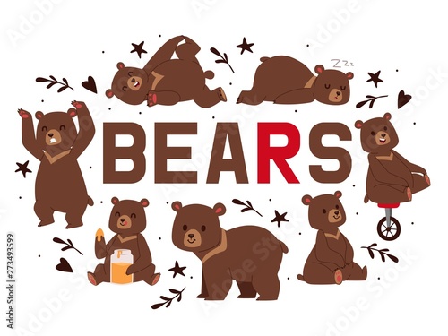 Bears banner vector illustration. Cartoon brown grizzly bear. Teddy in different pose and activities, sitting, dancing and lying, eating sweet honey, riding unicycle, sleeping.