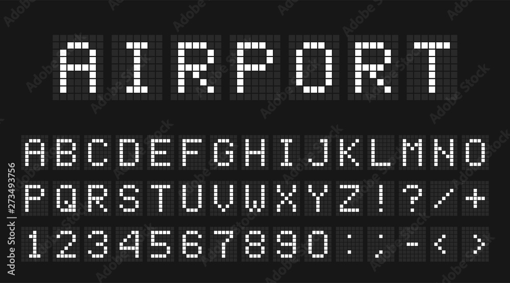 Led digital font, letters and numbers. English alphabet in digital screen style. Led digital board concept for airport, sport matches, billboards and advertising