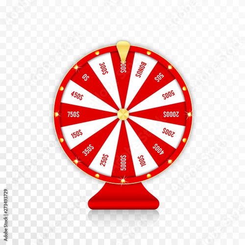 Wheel of fortune, spinning fortune wheel in red and golden colors. Realistic roulette design for lottery, casino games