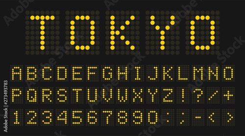Led digital font, letters and numbers. English alphabet in digital screen style. Led digital board concept for airport, sport matches, billboards and advertising