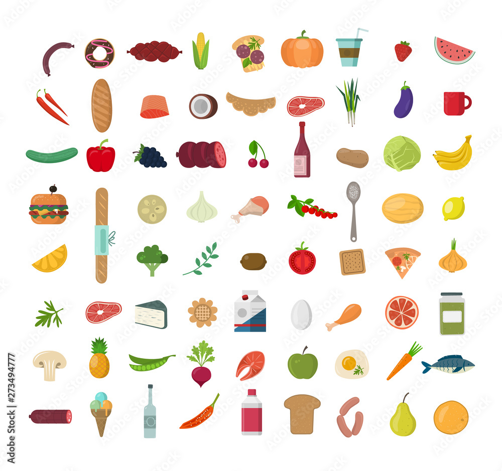 Big set of colored food Icons. Collection of various meal, fish and meat, vegetables and bread. Big set of colored food Icons. Collection of various meal, fish and meat, vegetables and bread.