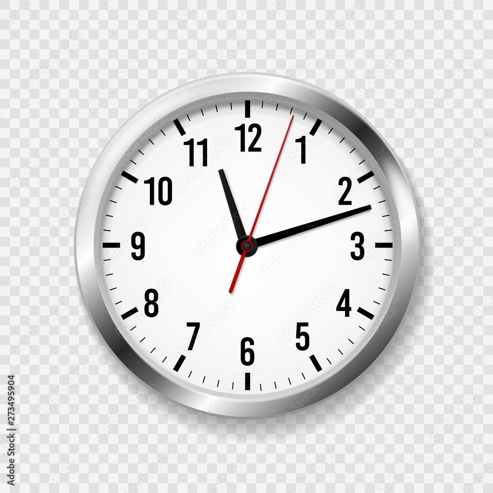 Realistic office clock. Modern wall round watches with time arrows and clock face. 3d metal classic timepiece schedule vector concept Realistic office clock. Modern wall round watches with time arrows and clock face. 3d metal classic timepiece schedule vector concept