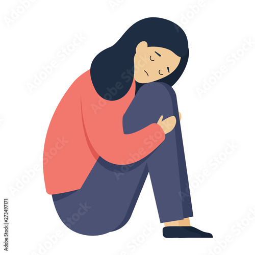 Sad girl, young woman sitting hugging her knees and head down. Cartoon character in depression. 