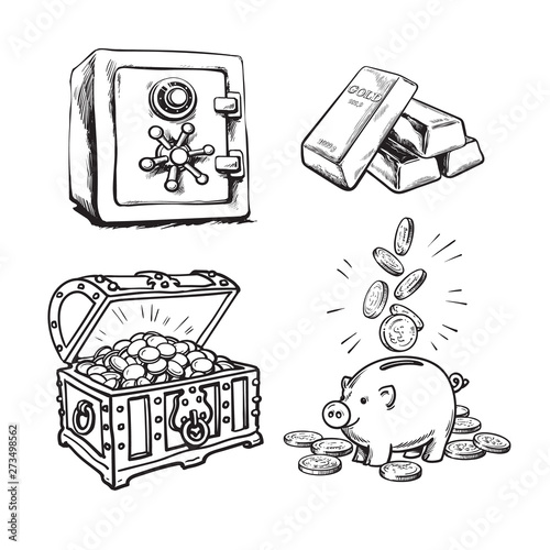 Finance, money set. Metal bank safe, gold bars, old treasure chest with gold coins, piggy bank with falling coins. Black and white sketch. Hand drawn vector illustration on white background.