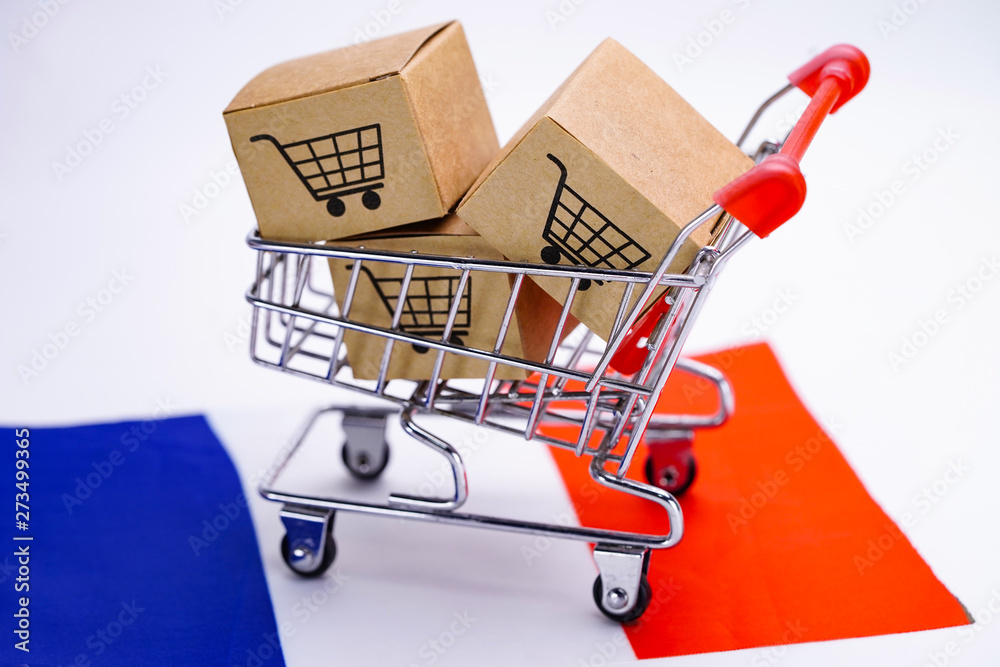 Box with shopping cart logo and France flag : Import Export Shopping online or eCommerce delivery service store product shipping, trade, supplier concept.