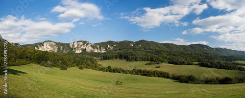 Sulov rocks, nature reserve in Slovakia, panorma with rocks and meadow