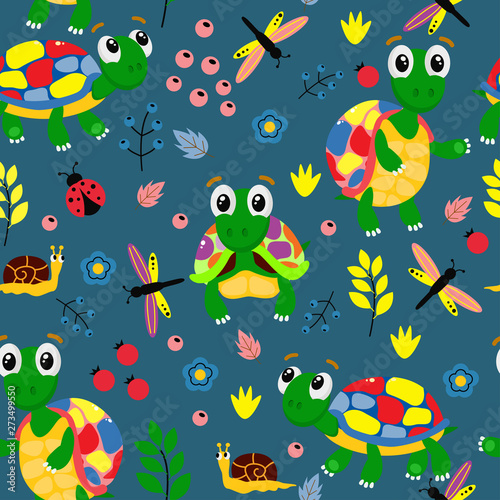 blue seamless pattern with colorful turtles - vector illustration, eps