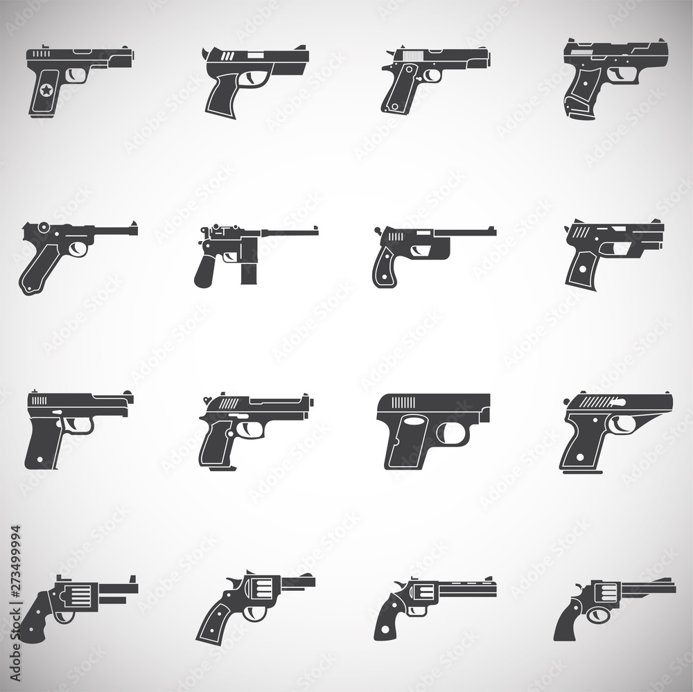 Pistol related icons set on background for graphic and web design. Simple illustration. Internet concept symbol for website button or mobile app.