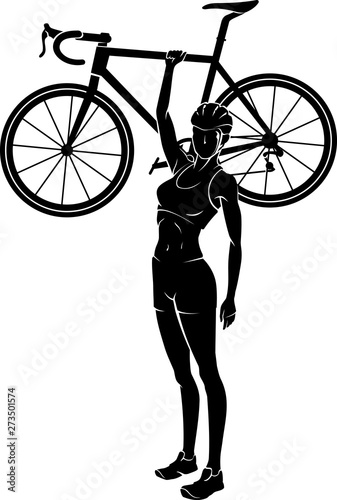 Woman Cyclist Raising her Bicycle