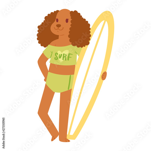 Surf vector dog animal surfer character surfing on surfboard illustration animalistic set of cartoon young sportsman doggy boy on wakeboard isolated on white background