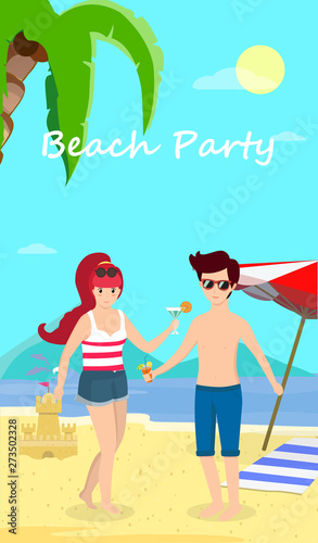 Happy Couple at Beach Party. Smiling Man and Woman