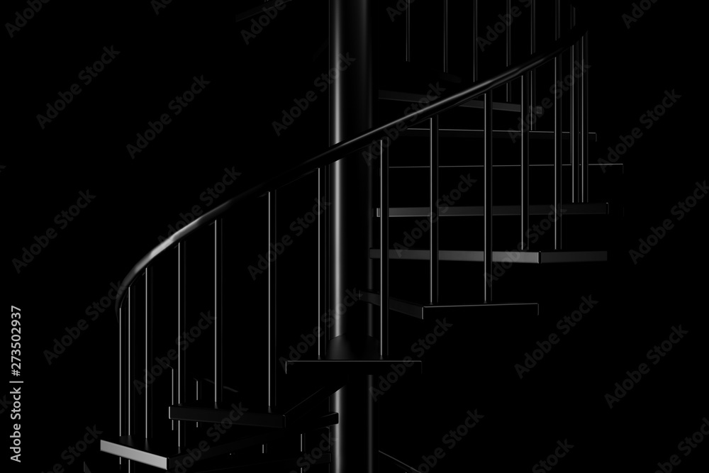Light and shadow of spiral staircase in the darkness. 3D rendering. Light and shadow of spiral staircase in the darkness. 3D rendering.