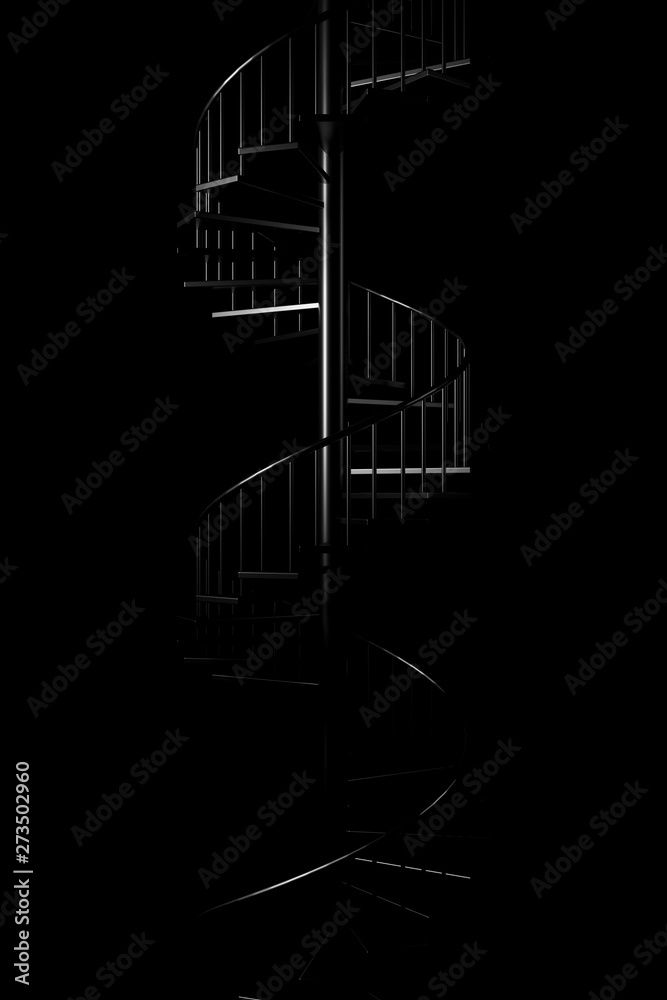 Light and shadow of spiral staircase in the darkness. 3D rendering. Light and shadow of spiral staircase in the darkness. 3D rendering.