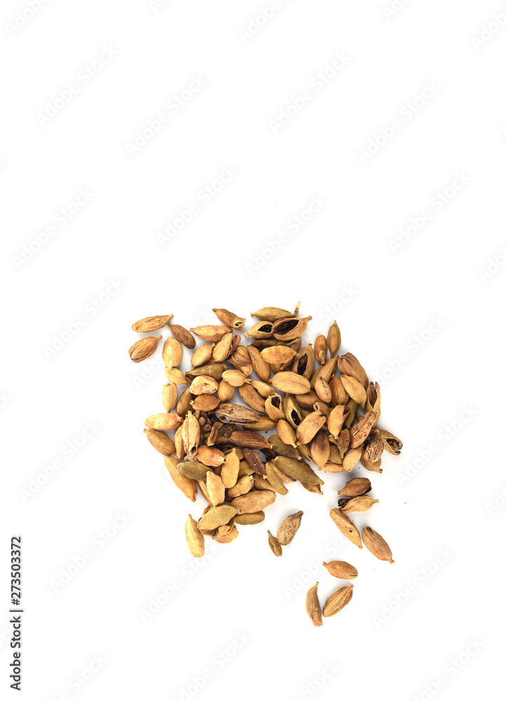 Cardamom seeds isolated on white background. Top view Cardamom seeds isolated on white background. Top view