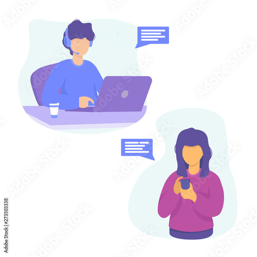 man operator with laptop and woman with phone