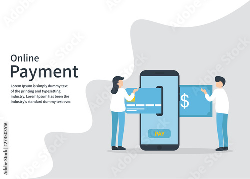 Mobile online payment or money transfer concept. template for web landing page, banner, presentation, print media, social media. Flat vector illustration with little people. 