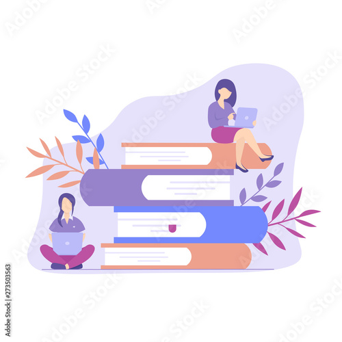 Concept education online, training, internet studying, read book remotely.  Distance education flat vector illustration.