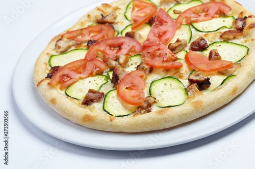 tasty pizza with zucchini on white