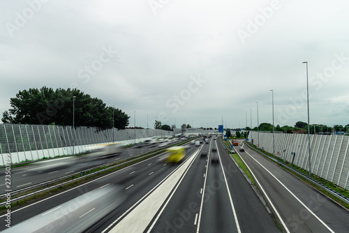 Traffic over the highway  motion blurred traffic  ring east A10  06 14 2019 Amsterdam the Netherlands  speedway  freeway fast