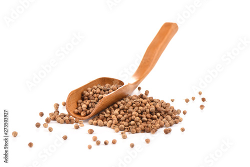 Coriander seeds on culnary scoop isolated on a white background.