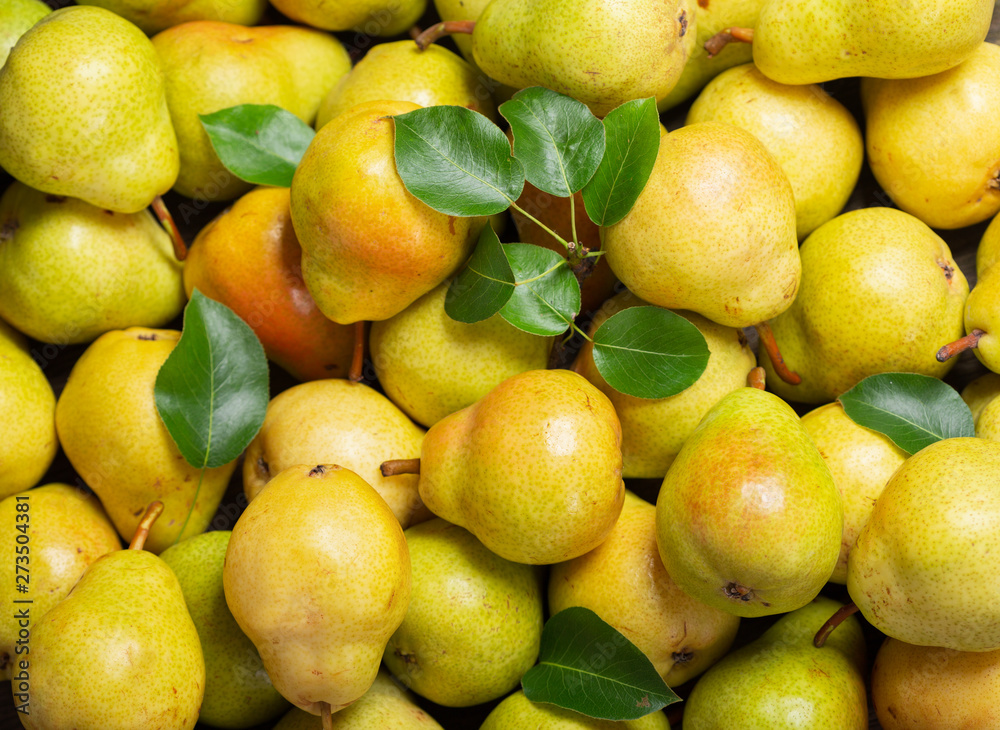 fresh ripe pears with leaves as background