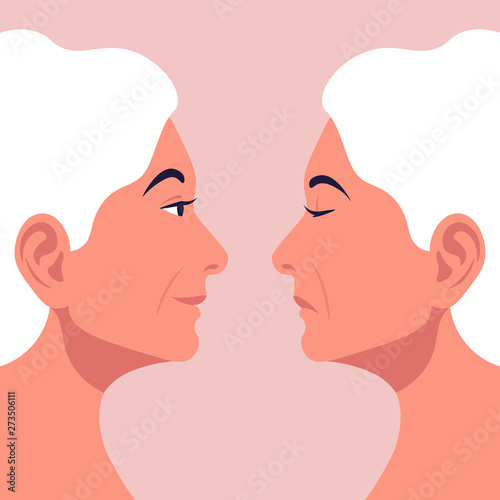 Bipolar disorder. Portrait of an older woman in profile in depression and in a good mood. Two female faces from the side. Vector illustration in flat style