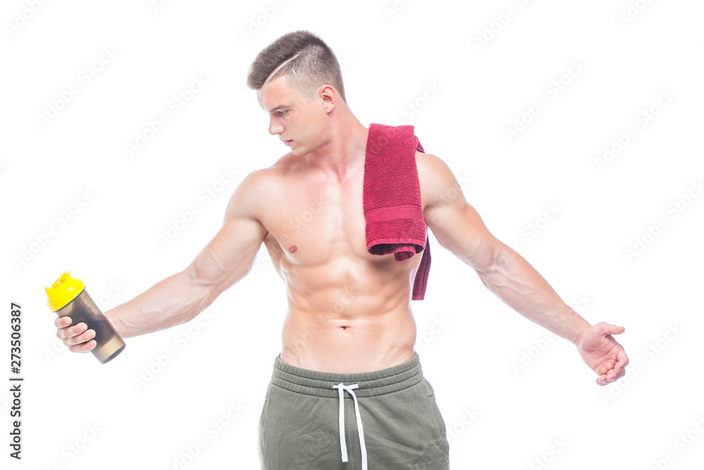 Muscular man drinking water with red towel over neck, isolated on white background Muscular man drinking water with red towel over neck, isolated on white background