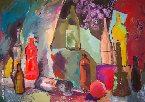 Still life painting drawing of stylized bottles and other objects photo