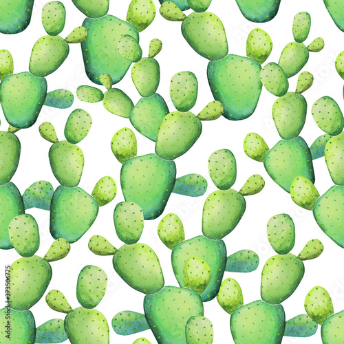 Watercolor opuntia cactus design. Seamless tropical pattern with green cactus plants jungle on white background